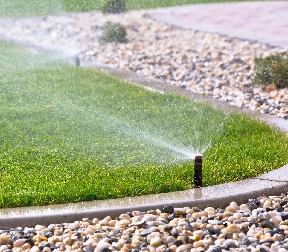 A lawn sprinkled with water and a hose.